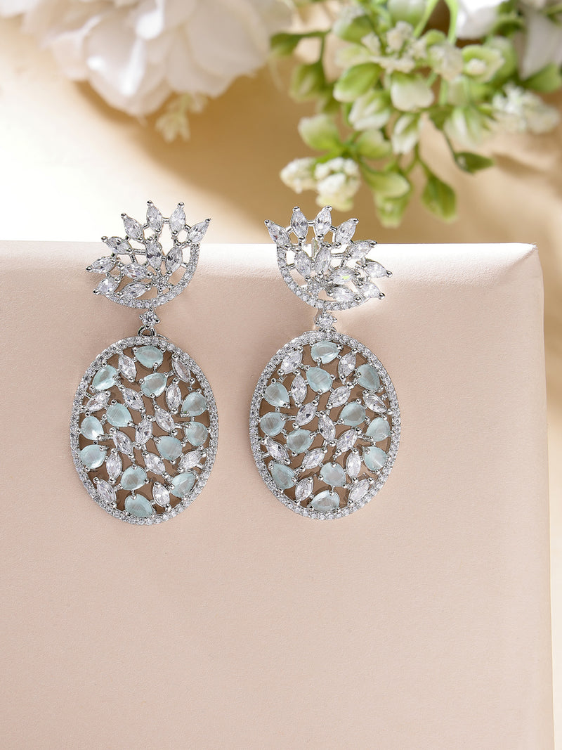 Rhodium Plated Tiny Tear Drops Ocean Blue & White American diamond Small Drop Earrings