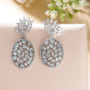 Rhodium Plated Teardrop Sea Green American Diamond Contemporary Long Drop Earrings