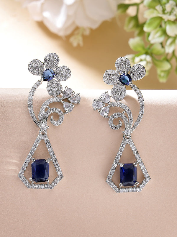 Rhodium Plated with Stylish Flower Design Blue & White American Diamond Small Drop Earrings