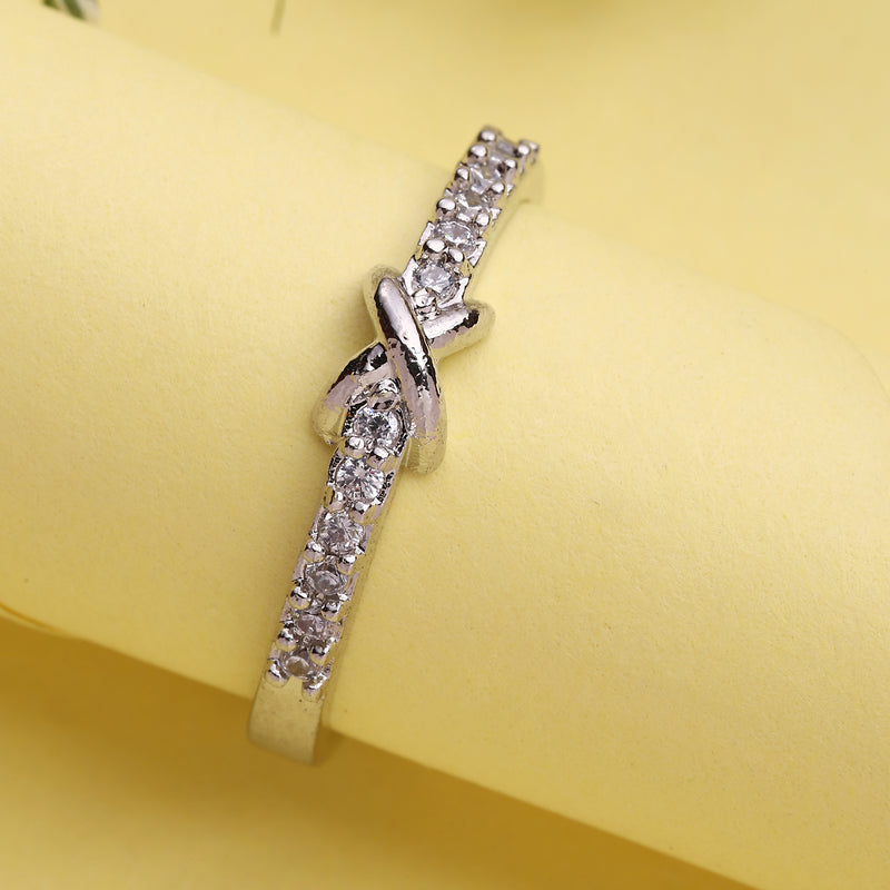 Rhodium Plated Silver Toned Infinity White Cubic Zirconia Studded Adjustable Ring