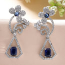 Rhodium Plated Geometric Floral Blue American Diamond Contemporary Long Drop Earrings