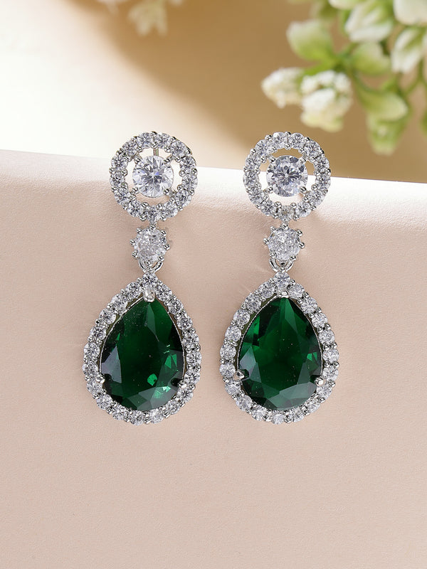 Rhodium Plated with Green & White American Diamond Circular & Teardrop Shaped Drop Earrings