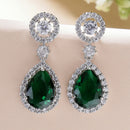 Rhodium Plated with Green & White American Diamond Circular & Teardrop Shaped Drop Earrings