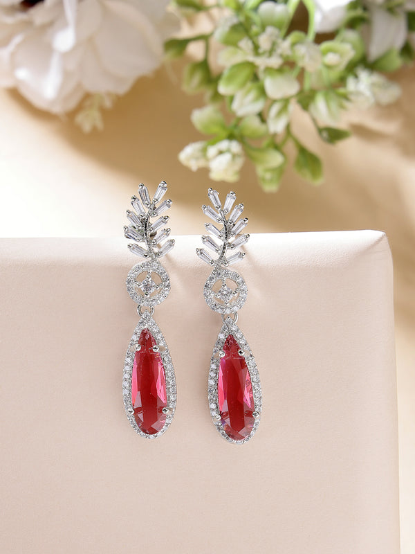 Rhodium Plated Silver Toned with Red American Diamond Small Drop Earrings