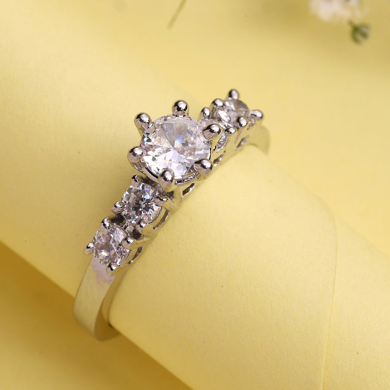 Rhodium Plated Silver Toned American Diamond Studded Adjustable Ring