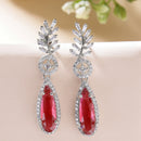Rhodium Plated Pear Red American Diamond Contemporary Long Drop Earrings