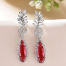 Rhodium Plated Silver Toned with Red American Diamond Small Drop Earrings