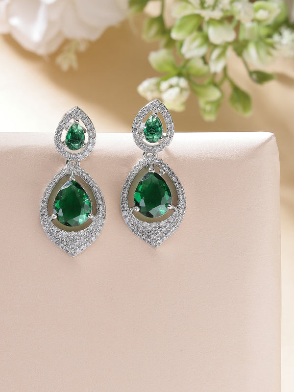 Rhodium Plated with Green American Diamond Dual Teardrop Design Drop Earrings