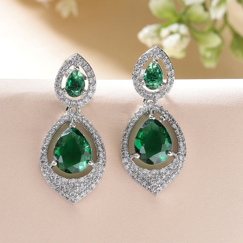 Rhodium Plated with Green American Diamond Dual Teardrop Design Drop Earrings