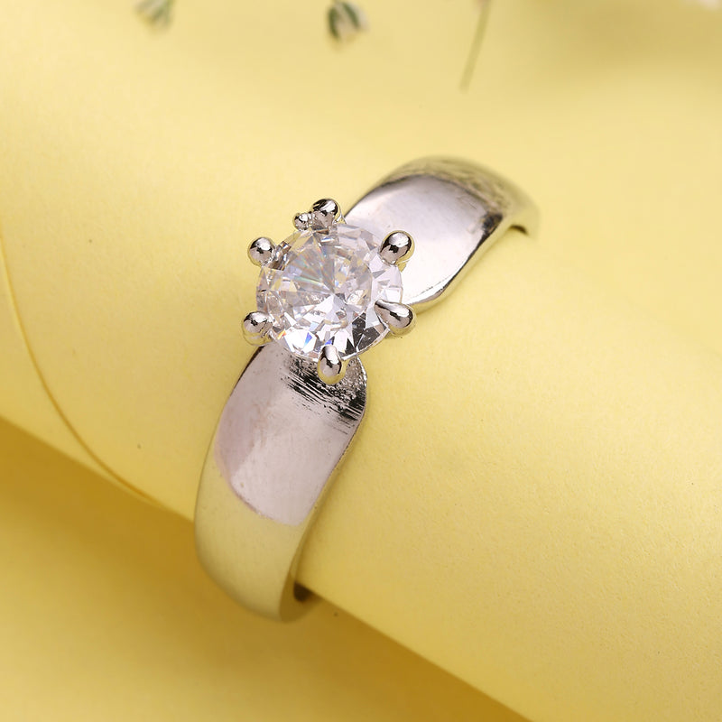 Rhodium Plated Silver Toned White American Diamond Studded Band Adjustable Ring