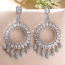 Rhodium Plated with Circular Shaped White American Diamonds Studded Drop Earrings