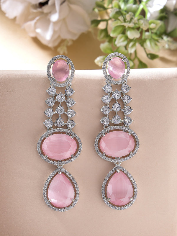 Rhodium Plated with Long Tear Drop Design Pink & White American Diamond Drop Earrings