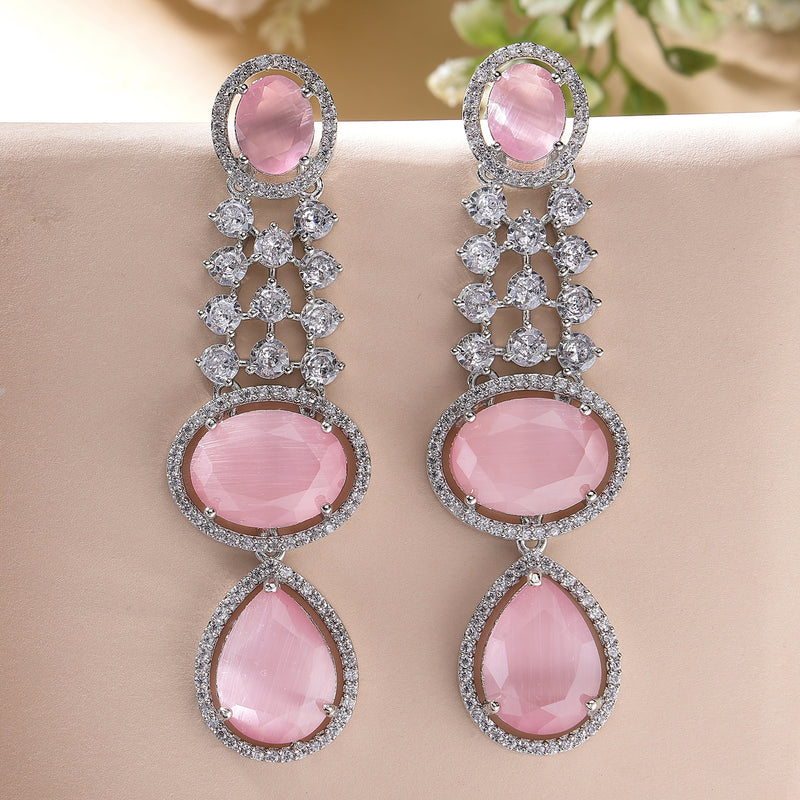 Rhodium Plated with Long Tear Drop Design Pink & White American Diamond Drop Earrings