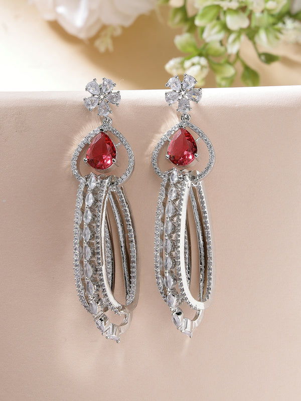 Rhodium Plated with Cluster Design Red & White American Diamond Dangler Earrings