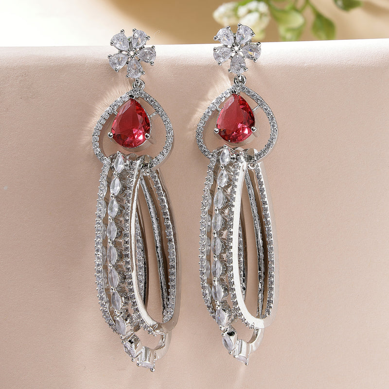 Rhodium Plated with Cluster Design Red & White American Diamond Dangler Earrings