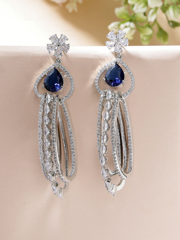 Rhodium Plated with Cluster Design Blue & White American Diamond Dangler Earrings