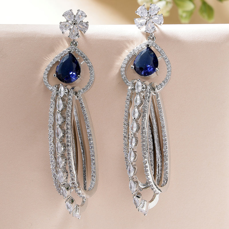 Rhodium Plated with Cluster Design Blue & White American Diamond Dangler Earrings