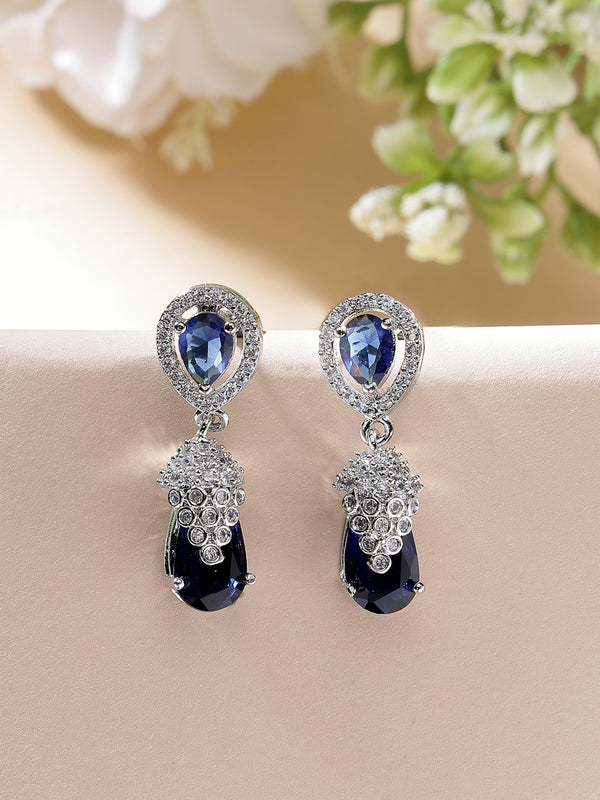 Rhodium Plated Silver Toned with Blue American Diamond Small Drop Earrings