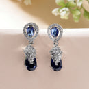 Rhodium Plated Silver Toned with Blue American Diamond Small Drop Earrings