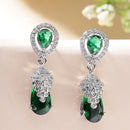 Rhodium Plated Teardrop Green AD Contemporary Drop Earrings