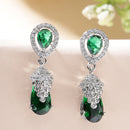 Rhodium Plated Silver Toned with Green American Diamond Small Drop Earrings