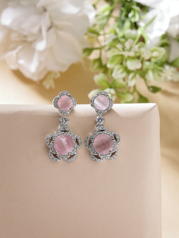 Rhodium Plated with Dual Pink American Diamonds Drop Earrings