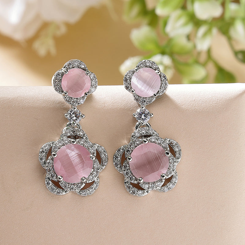 Rhodium Plated with Dual Pink American Diamonds Drop Earrings