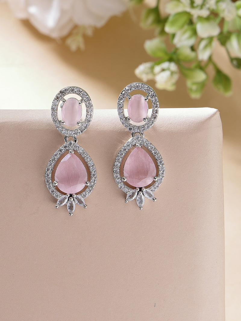 Rhodium Plated with Pink & White American Diamond Small Drop Earrings