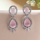 Rhodium Plated with Pink & White American Diamond Small Drop Earrings