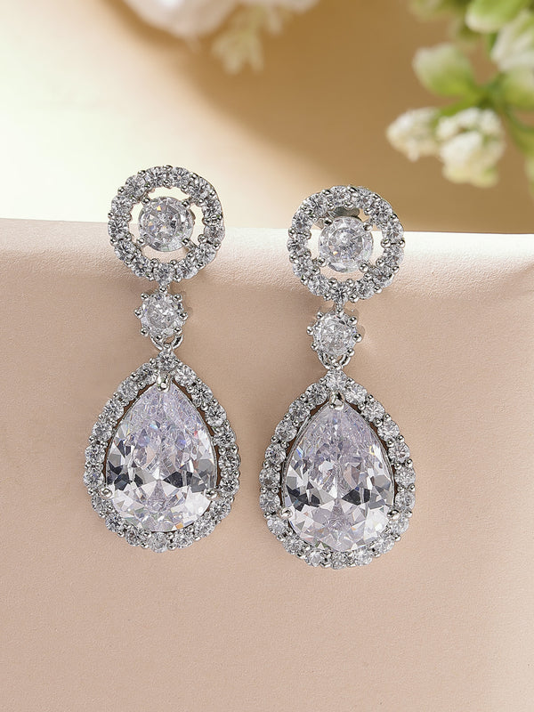 Rhodium Plated with White American Diamond Circular & Teardrop Shaped Drop Earrings