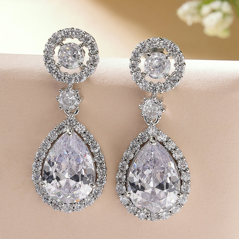 Rhodium Plated with White American Diamond Circular & Teardrop Shaped Drop Earrings