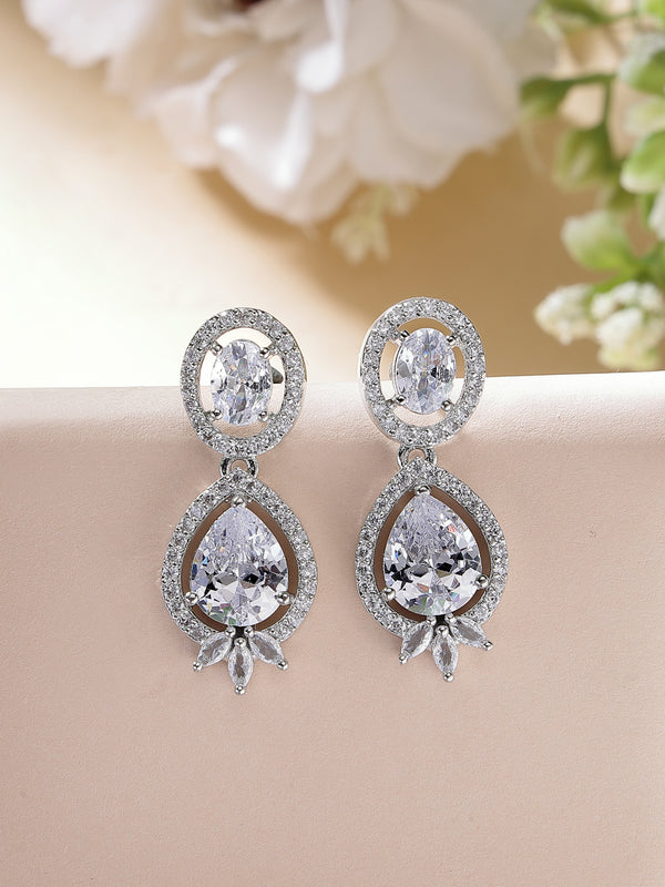 Rhodium Plated with White American Diamond Small Drop Earrings