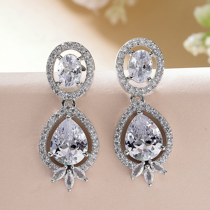 Rhodium Plated with White American Diamond Small Drop Earrings