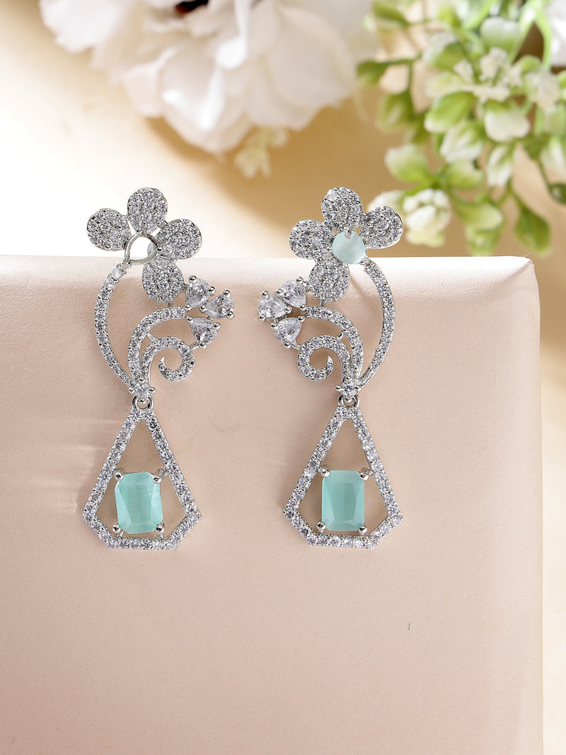 Rhodium Plated with Stylish Flower Design Ocean Blue & White American Diamond Small Drop Earrings