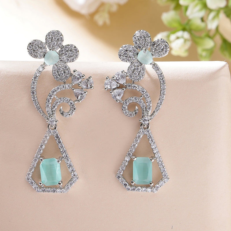 Rhodium Plated with Stylish Flower Design Ocean Blue & White American Diamond Small Drop Earrings