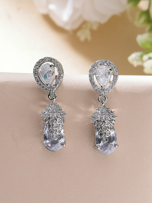 Rhodium Plated Silver Toned with White American Diamond Small Drop Earrings