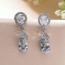 Rhodium Plated Teardrop White AD Contemporary Long Drop Earrings