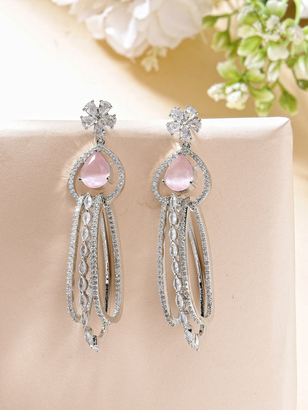 Rhodium Plated with Cluster Design Pink & White American Diamond Dangler Earrings