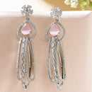 Rhodium Plated Fringed Tassel Pink American Diamond Contemporary Long Drop Earrings