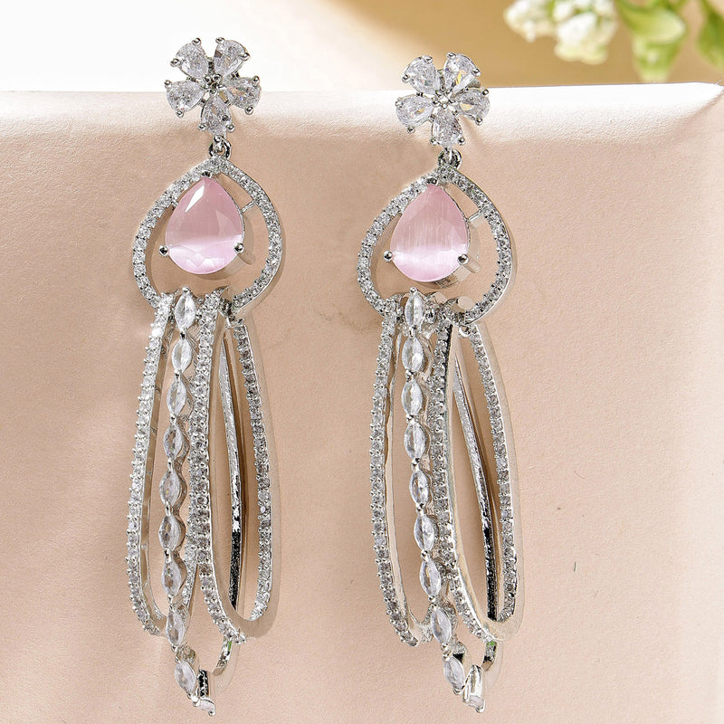 Rhodium Plated with Cluster Design Pink & White American Diamond Dangler Earrings