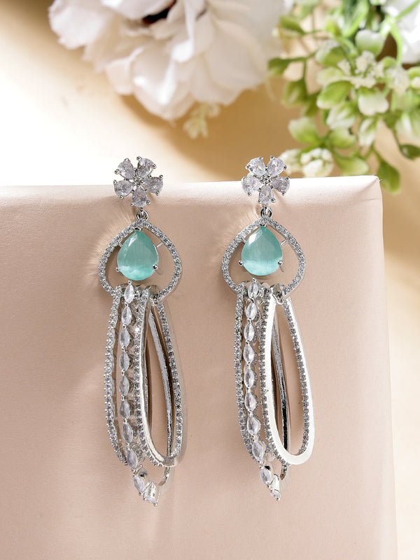 Rhodium Plated with Cluster Design Ocean Blue & White American Diamond Dangler Earrings