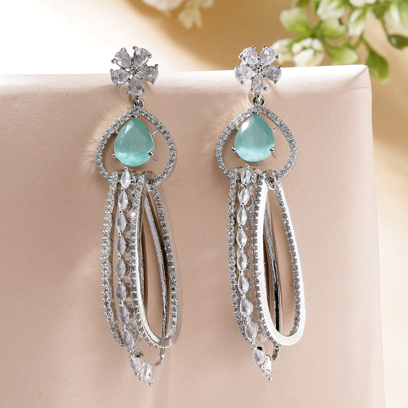 Rhodium Plated with Cluster Design Ocean Blue & White American Diamond Dangler Earrings