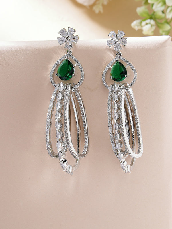 Rhodium Plated with Cluster Design Green & White American Diamond Dangler Earrings