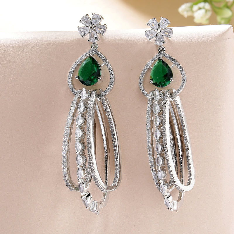 Rhodium Plated with Cluster Design Green & White American Diamond Dangler Earrings