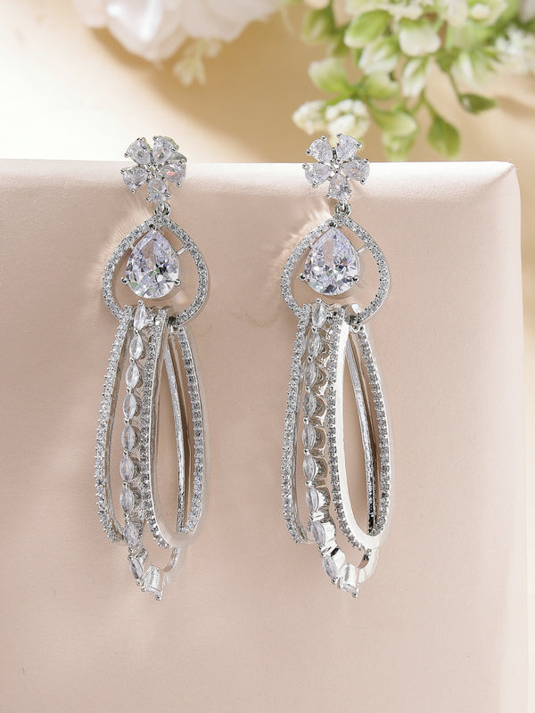 Rhodium Plated with Cluster Design White American Diamond Dangler Earrings