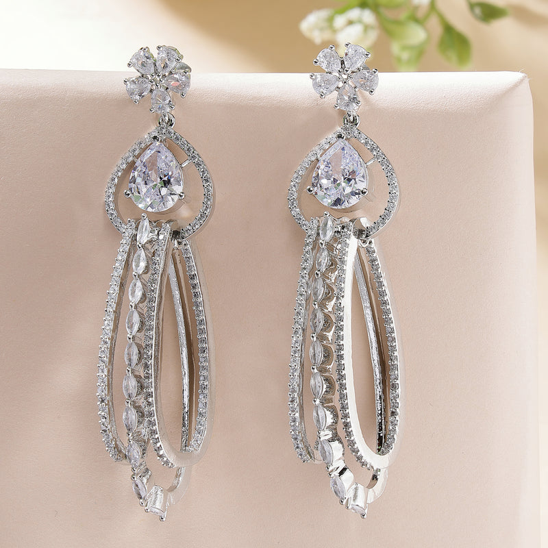 Rhodium Plated with Cluster Design White American Diamond Dangler Earrings