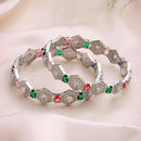 Rhodium Plated Silver Toned Geometrical Shaped Multicolor American Diamond Studded Bangles Set Of 2
