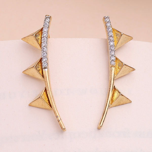 Gold Plated Triangular Shaped American Diamond Studded Ear Climber Earrings