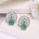 Rhodium Plated with Ocean Blue & White American Diamonds Circular Shaped Stud Earrings