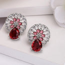 Rhodium Plated with Red & White American Diamonds Circular Shaped Stud Earrings